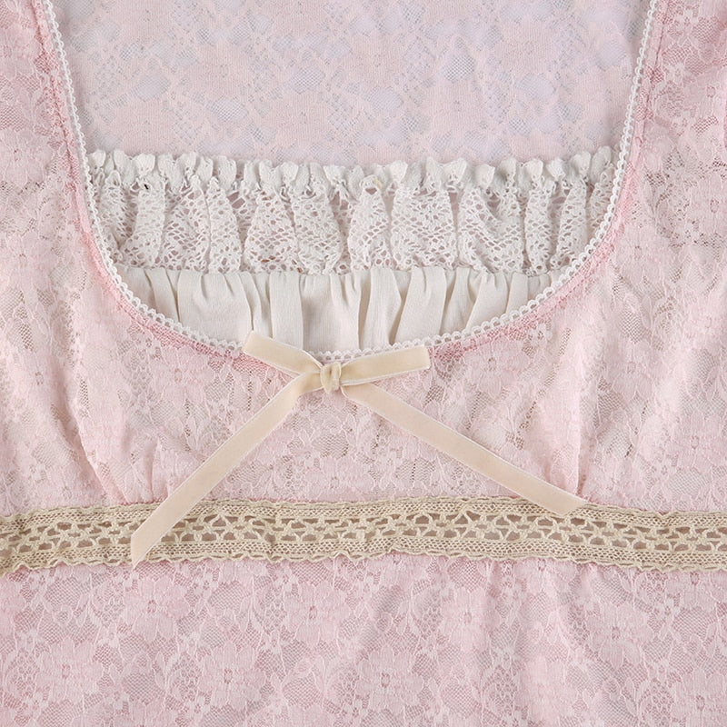 Trim Crop Top Bow Cute Sweet T Shirt Women Retro Short Sleeve Lace Patched Tshirt