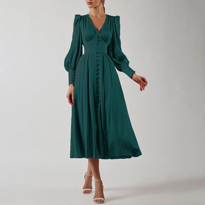 Single Breasted Dress High Waist Satin Long Dress V Neck Women Midi Dresses Lantern Sleeve