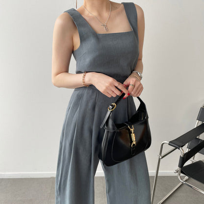 Office Ladies 2-Piece Women Square Neck Loose Vest Top + High Waist Pleated Wide Leg Pants