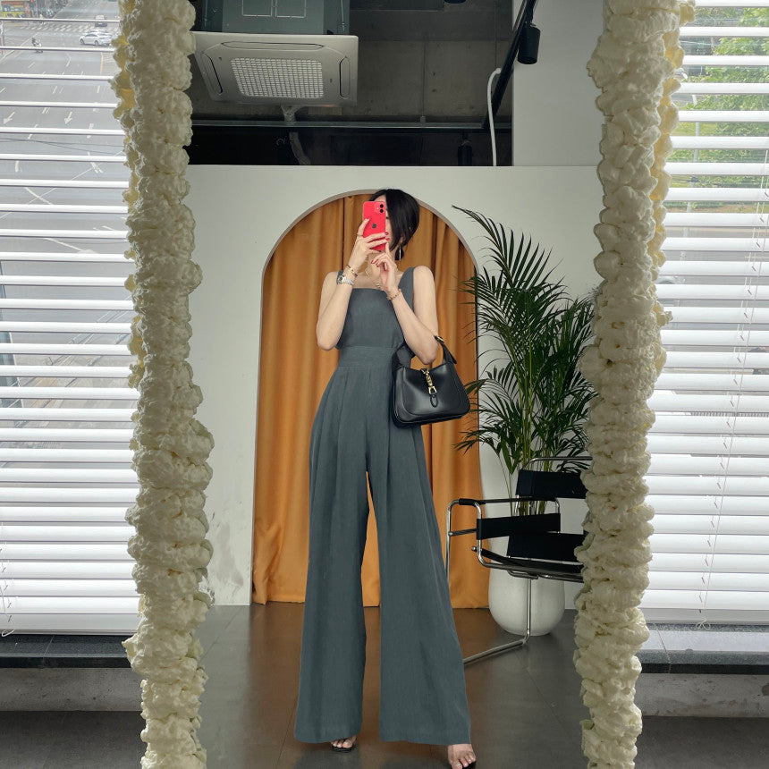 Office Ladies 2-Piece Women Square Neck Loose Vest Top + High Waist Pleated Wide Leg Pants