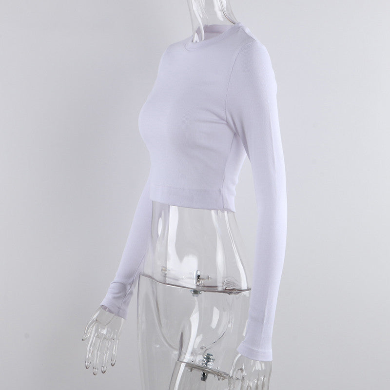 O Neck Long Sleeve Shirt Women Ribbed Sexy Cropped Tops Casual Skinny T Shirts White