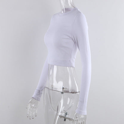 O Neck Long Sleeve Shirt Women Ribbed Sexy Cropped Tops Casual Skinny T Shirts White