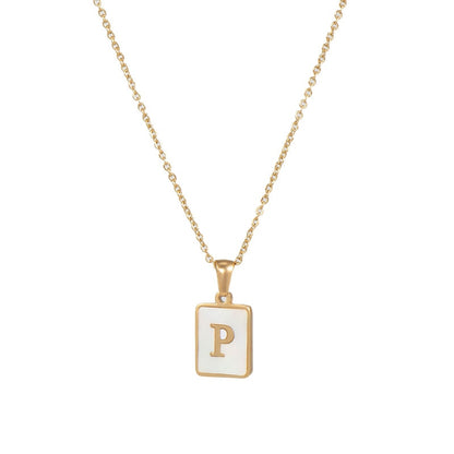 18K Golden Chain Necklaces Male Square Natural Shell Initial Letters Pendant Stainless Steel Jewelry
