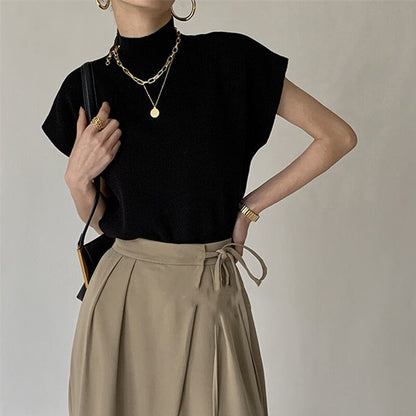 French Turtleneck Knitted Women Spring Summer Design Loose Short Sleeve Cropped Tops Female