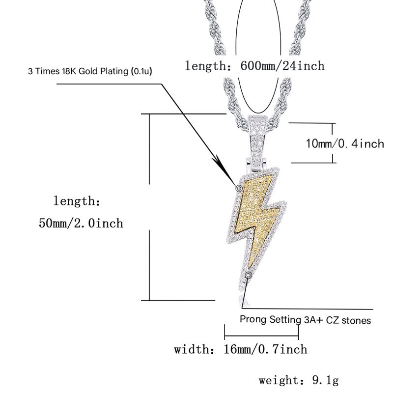 Iced Out Bling Lightning Pendants With Tennis Chain Copper Material Men&