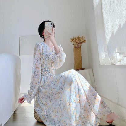 V-neck Chiffon Floral Dress Women Spring Summer Fairy Long Dresses Female