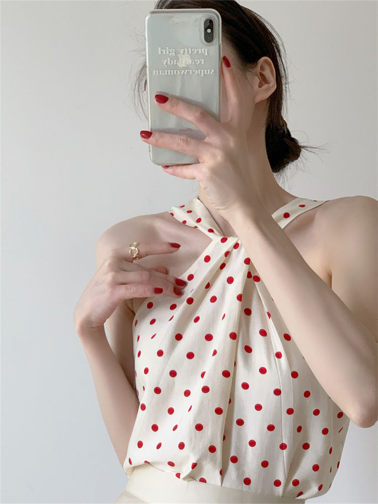 Backless Camis Women Summer Polka Dot Twist Halterneck Vest Female Casual Chiffon Tops