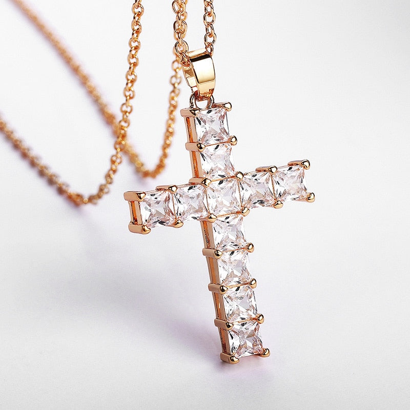 Cross Necklace Female Inlaid White/Pink Cubic Zirconia Fashionable for Party Jewelry
