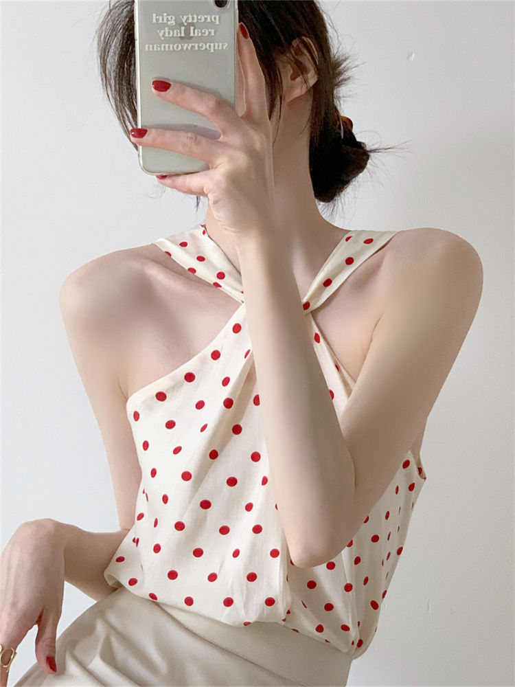 Backless Camis Women Summer Polka Dot Twist Halterneck Vest Female Casual Chiffon Tops