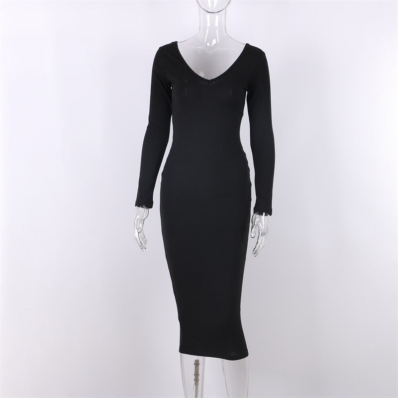 Sexy Bodycon Midi Woman Dress Knitted Long Sleeve V Neck Party Elegant Robe Women&