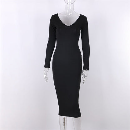 Sexy Bodycon Midi Woman Dress Knitted Long Sleeve V Neck Party Elegant Robe Women&