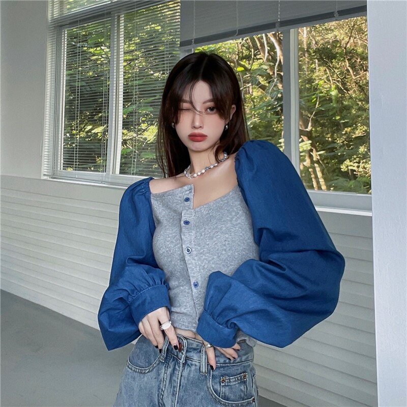 Patchwork Denim Shirts Women French Square Collar Puff Blouses Long Sleeve Crop Tops