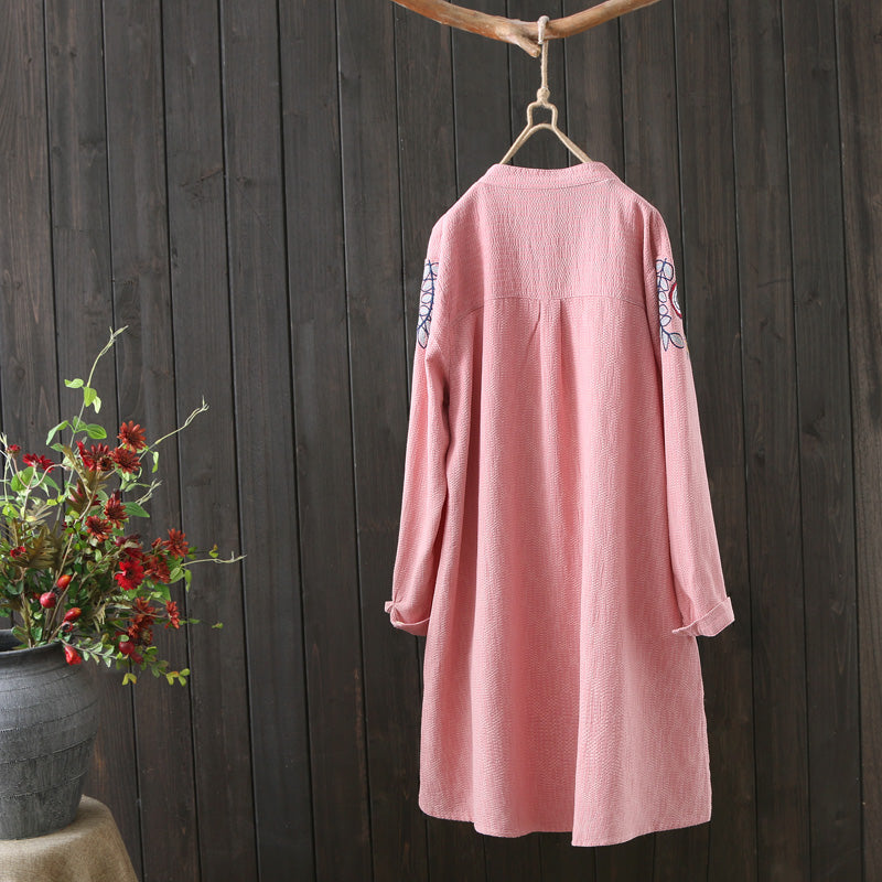 Women White Shirt 100% Cotton Embroidery Long Sleeve Button Up Blouse Loose Office Top