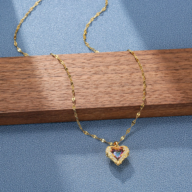 Luxury Zircon Crystal Heart Of Ocean Pendant Stainless Steel Necklace