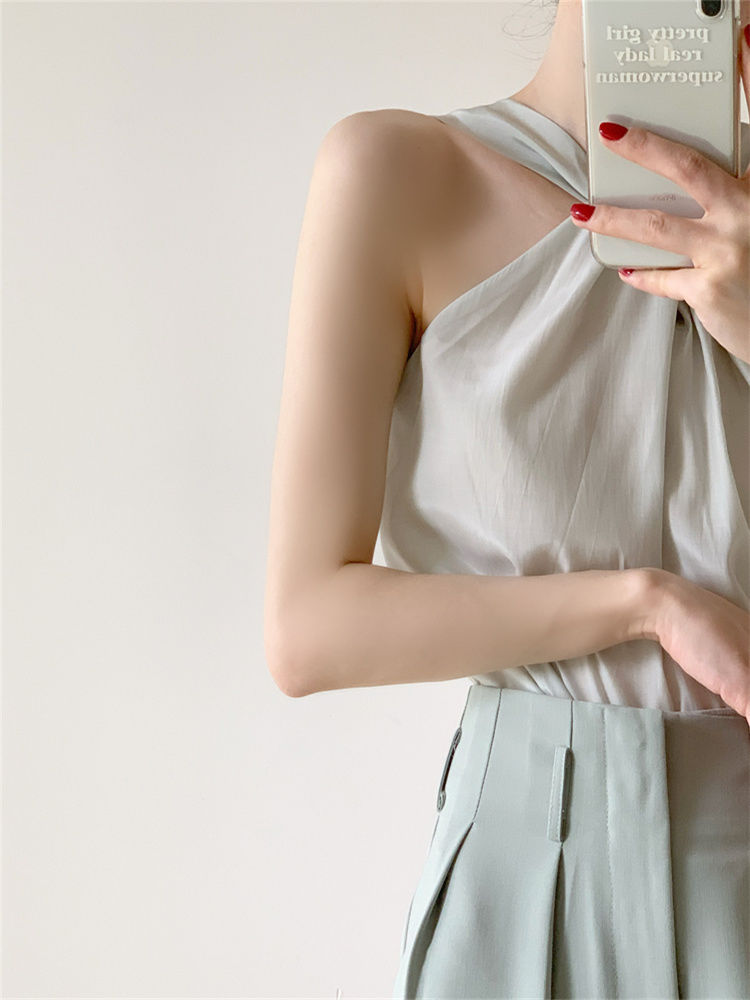 Backless Camis Women Summer Polka Dot Twist Halterneck Vest Female Casual Chiffon Tops