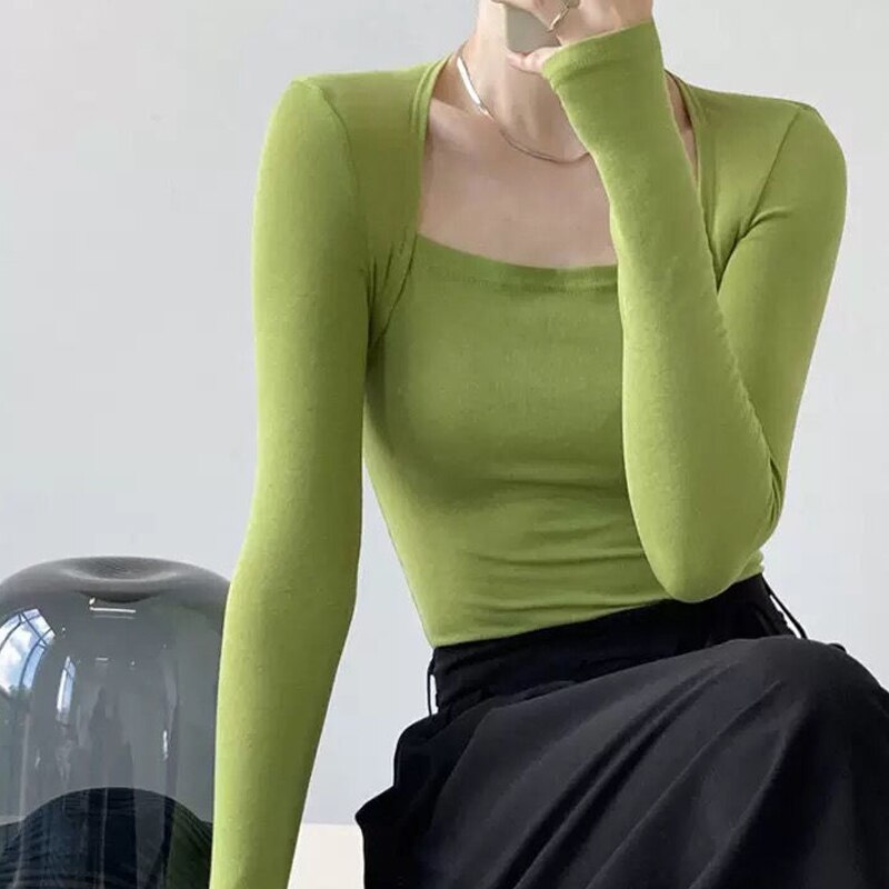 Long Sleeve Tops Women Candy Color Fake Two Piece Skinny T-shirts Female