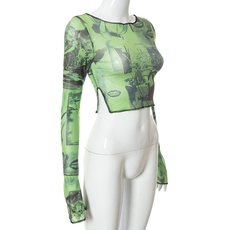 Sexy See Trough Crop Top Graphic Print Green Mesh Sheer T-shirt