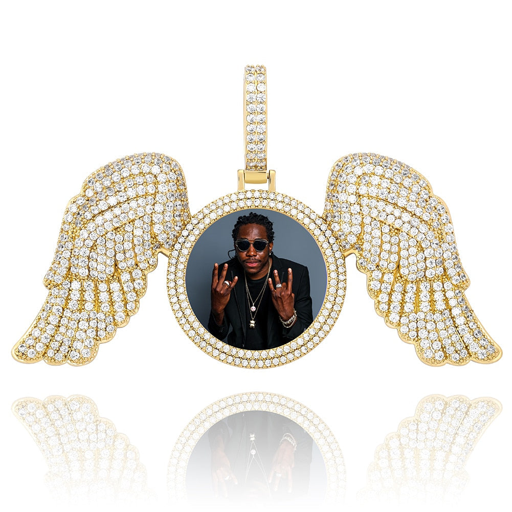 Angel Wings Custom Photo Medallion Necklace Iced Out  Cubic Zirconia Pendant Hip Hop Jewelry