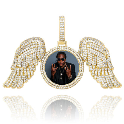 Angel Wings Custom Photo Medallion Necklace Iced Out  Cubic Zirconia Pendant Hip Hop Jewelry