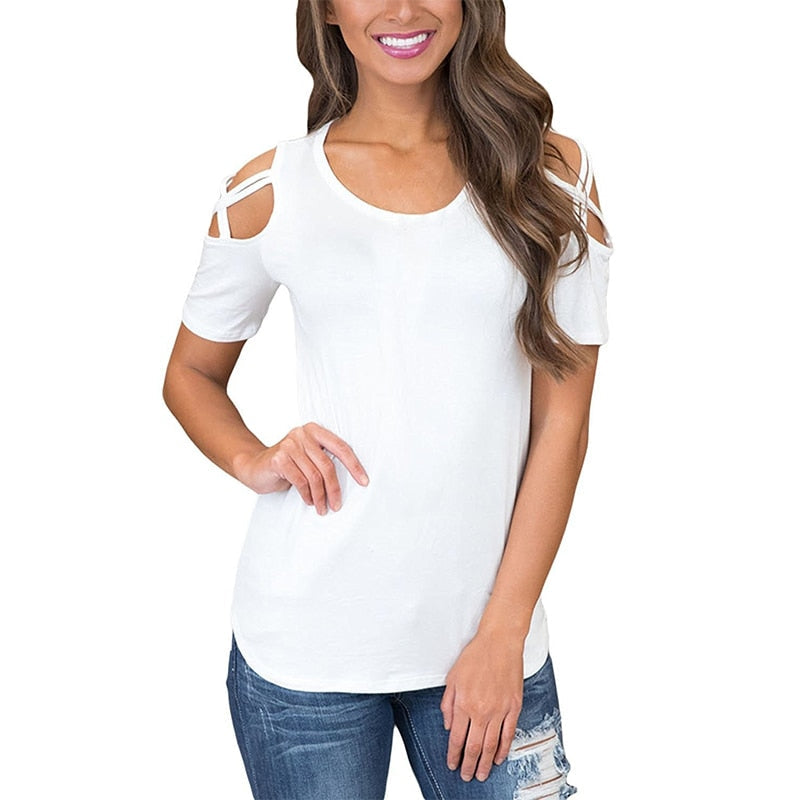 Solid Short Sleeve T-shirts Women Casual Off the Shoulder Tees Tops Female Basic Tshirts
