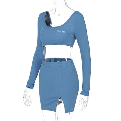 Long Sleeves Solid Navel Low Neck Bodycon Top Sexy Mini Dress Set