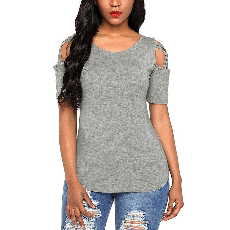 Solid Short Sleeve T-shirts Women Casual Off the Shoulder Tees Tops Female Basic Tshirts