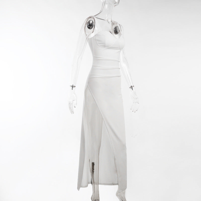 High Split Ankle-length Party Dresses Women Solid White Spaghetti Strap Dress Y2K