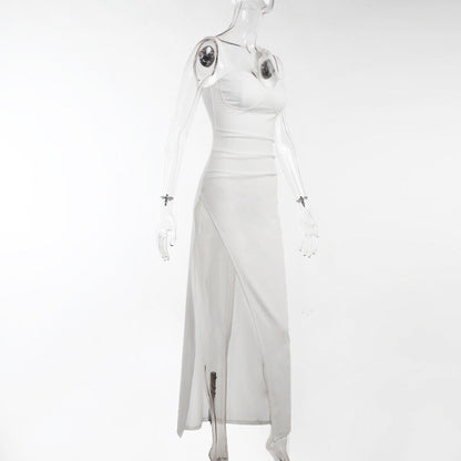 High Split Ankle-length Party Dresses Women Solid White Spaghetti Strap Dress Y2K