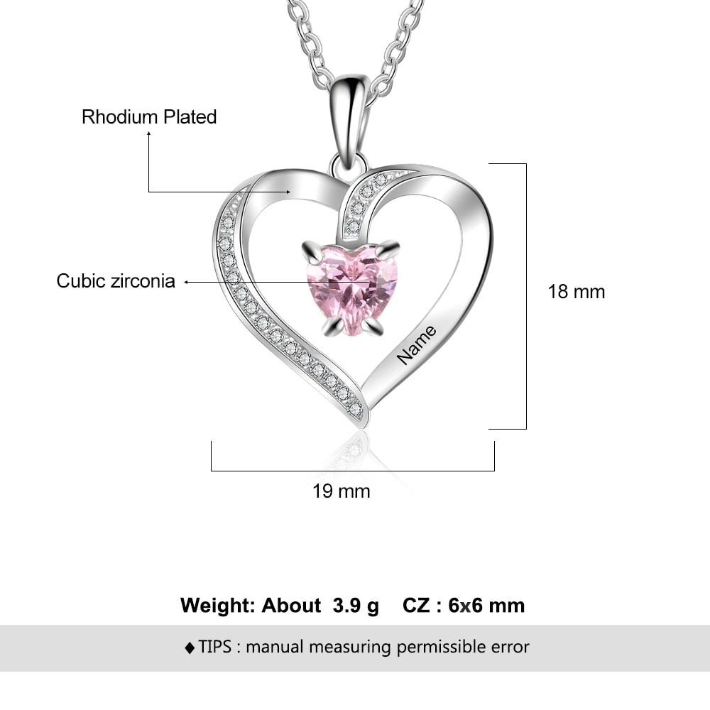 Engrave Name Heart Pendants with Customize Birthstone Necklace
