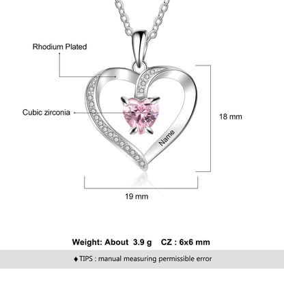 Engrave Name Heart Pendants with Customize Birthstone Necklace