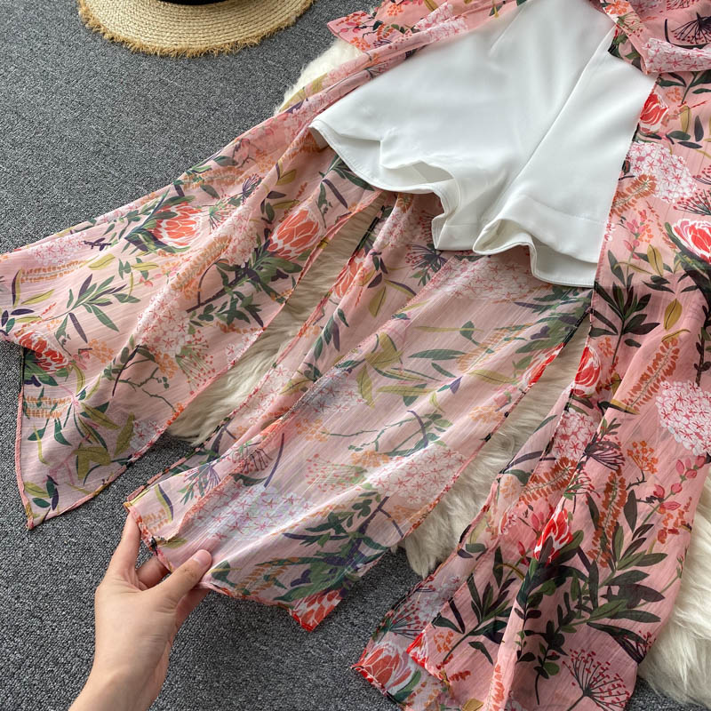 Women Casual Two Piece Set Long Sleeve V Neck Asymmetrical Chiffon Shirt