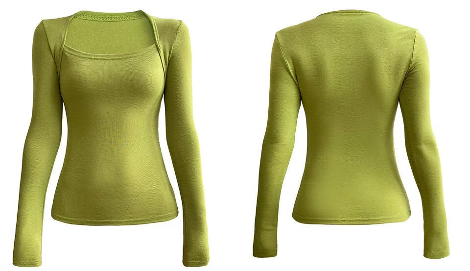 Long Sleeve Tops Women Candy Color Fake Two Piece Skinny T-shirts Female