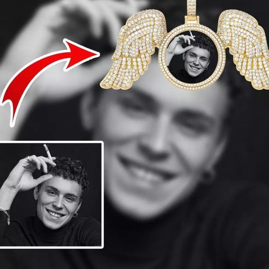 Angel Wings Custom Photo Medallion Necklace Iced Out  Cubic Zirconia Pendant Hip Hop Jewelry