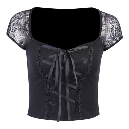 Tops Goth T-shirt Women Bodycon Bandage Lace Black T-shirts Gothic Streetwear Female Top