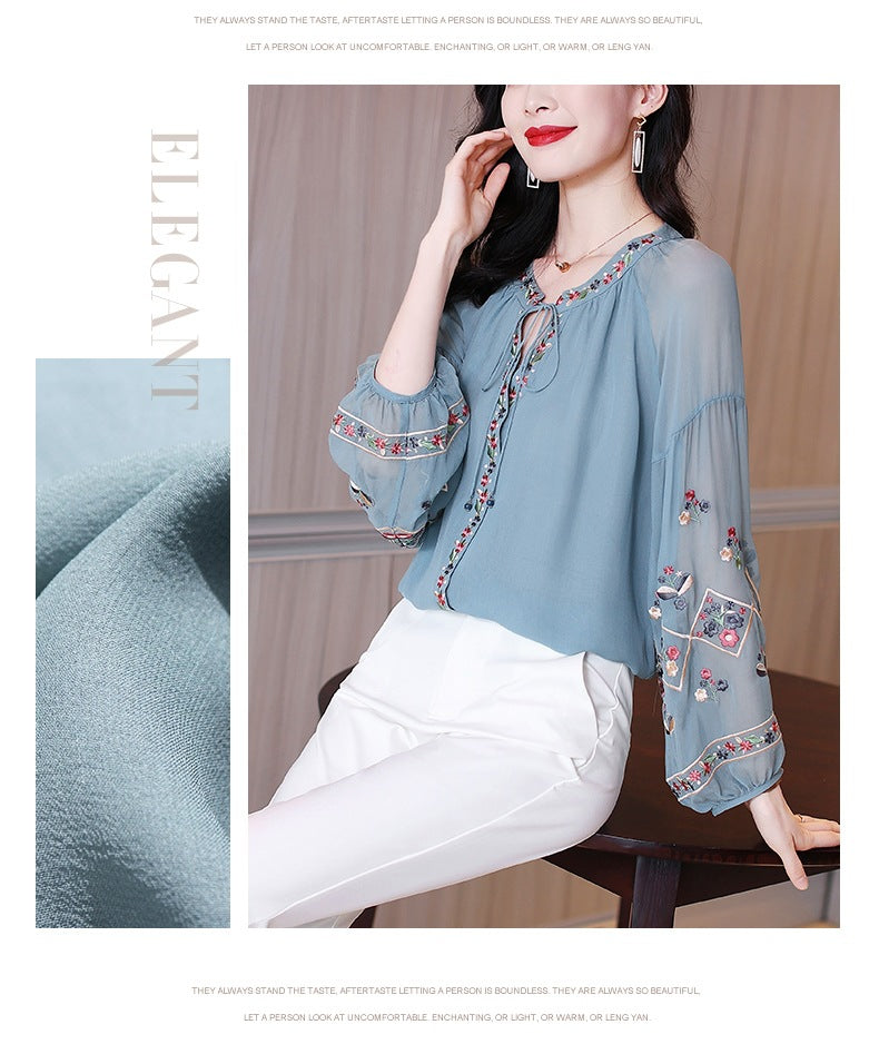 Chiffon Embroidery Blouse Long Lantern Sleeve Loose Top Casual Wear Oversize Casual Wear