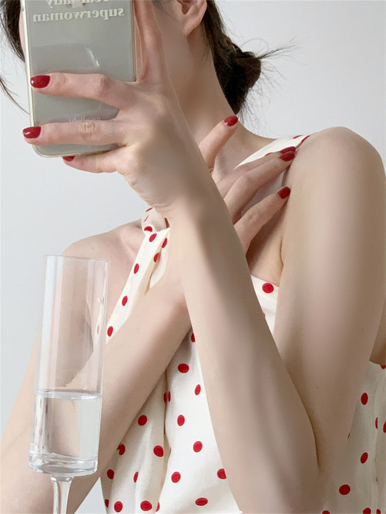 Backless Camis Women Summer Polka Dot Twist Halterneck Vest Female Casual Chiffon Tops