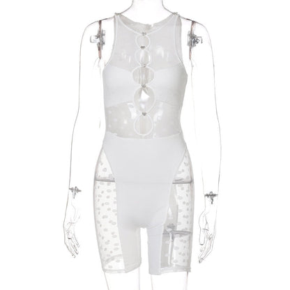 Mesh Sheer Patchwork Playsuit Birthday for Women Y2k Clothes Shorts Rompers