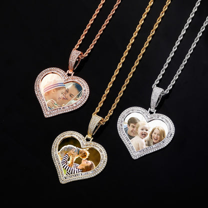 Custom Photo Pendant Heart-shaped Medal Necklace Iced Cubic Zirconia Pendant Hip Hop Jewelry