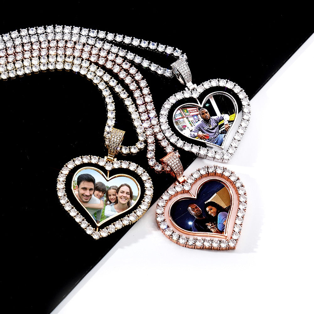Heart Shaped Custom Photo Spin Double Sided Medallion Pendant Necklace Hip Hop Jewelry