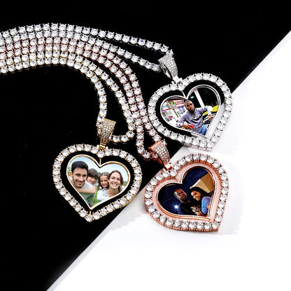 Heart Shaped Custom Photo Spin Double Sided Medallion Pendant Necklace Hip Hop Jewelry