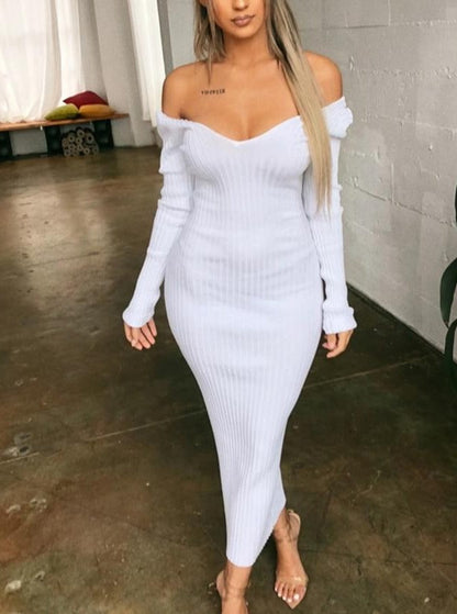 Sexy Bodycon Midi Woman Dress Knitted Long Sleeve V Neck Party Elegant Robe Women&