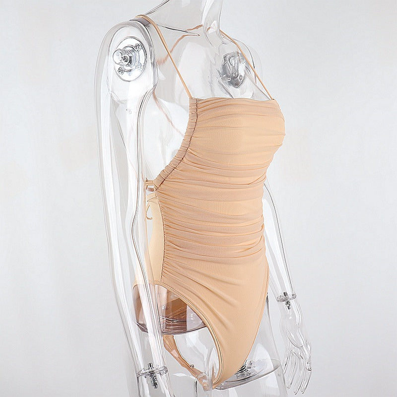 Sleeveless Chic Fashion Mesh Ruched Halter Bodysuit Women Female Tie Up Backless Body Suit