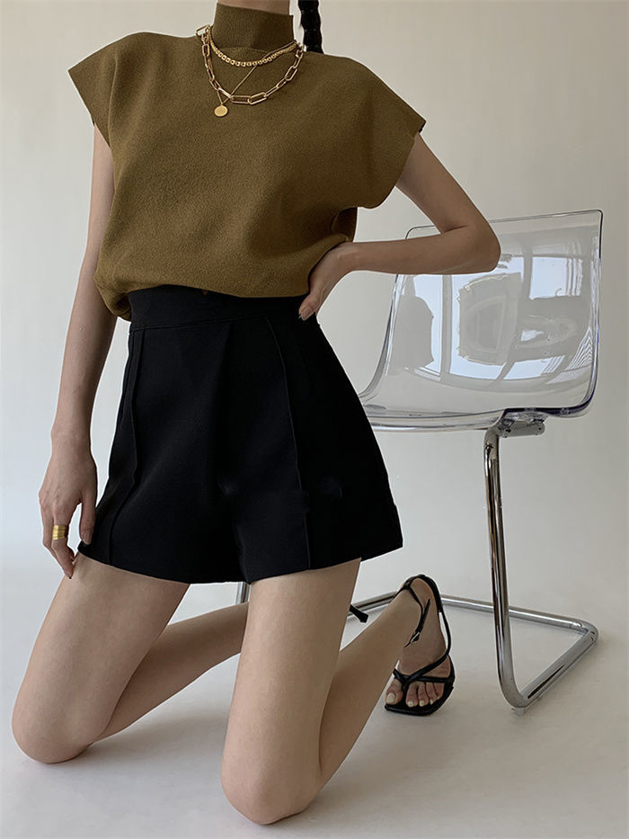 French Turtleneck Knitted Women Spring Summer Design Loose Short Sleeve Cropped Tops Female