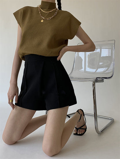 French Turtleneck Knitted Women Spring Summer Design Loose Short Sleeve Cropped Tops Female