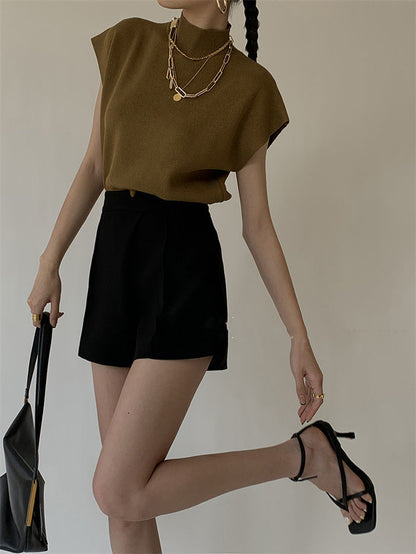 French Turtleneck Knitted Women Spring Summer Design Loose Short Sleeve Cropped Tops Female