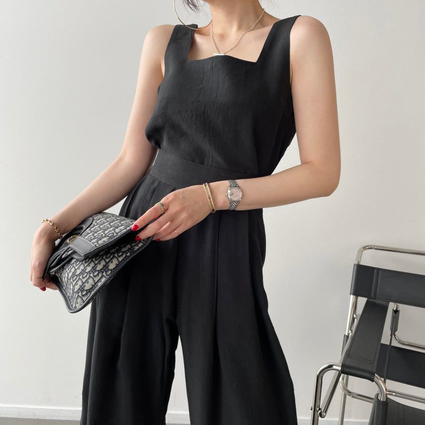 Office Ladies 2-Piece Women Square Neck Loose Vest Top + High Waist Pleated Wide Leg Pants