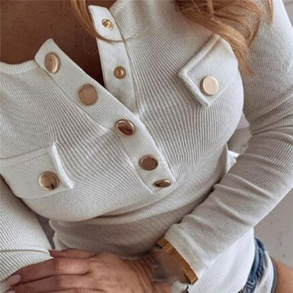 Cotton Women Spring O Neck Pullover Long Sleeve T Shirt Loose Leisure Buttons Feminina Tee Female Tops