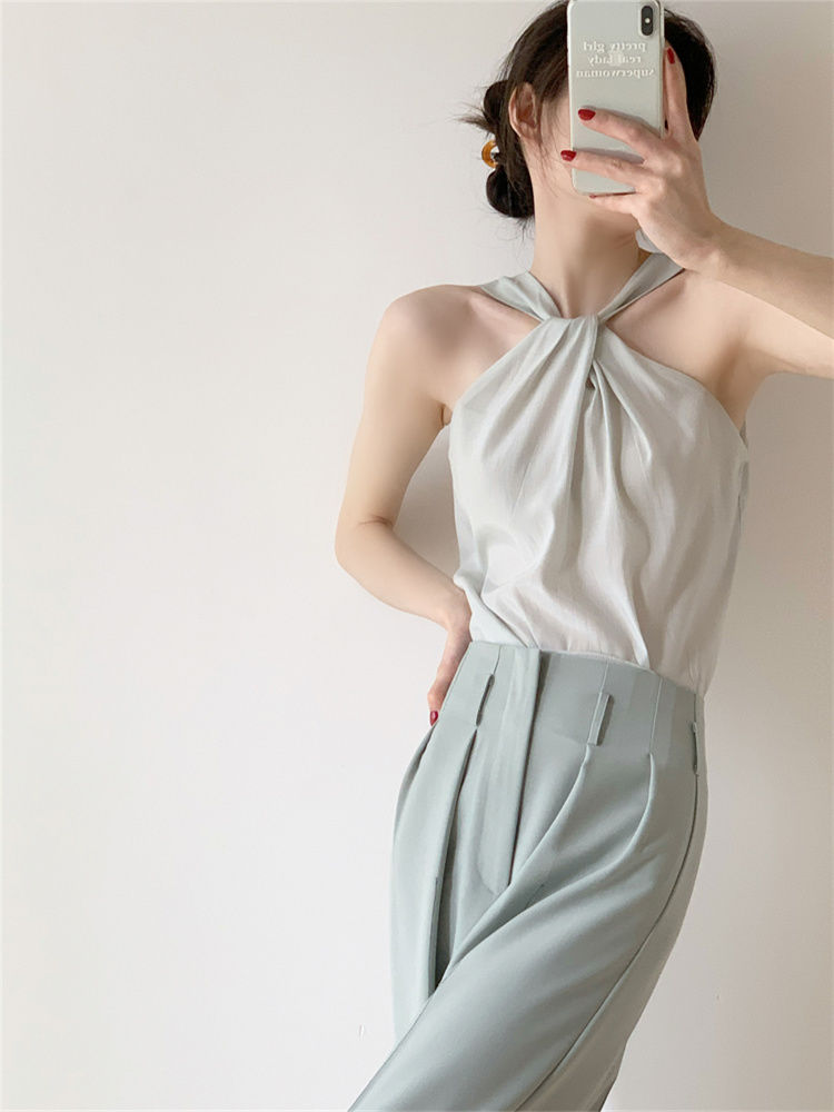Backless Camis Women Summer Polka Dot Twist Halterneck Vest Female Casual Chiffon Tops