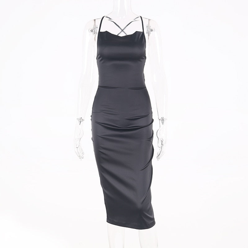 neon satin lace up 2022 summer women bodycon long midi dress sleeveless backless elegant party