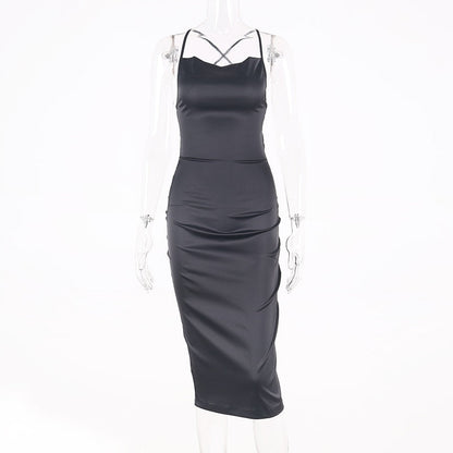 neon satin lace up 2022 summer women bodycon long midi dress sleeveless backless elegant party